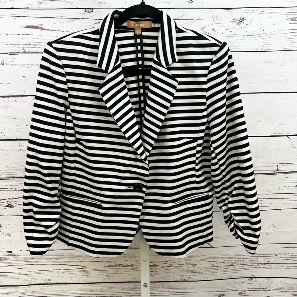 Ellen Tracy Black and White Striped Blazer 3/4 Ruched Sleeve Large